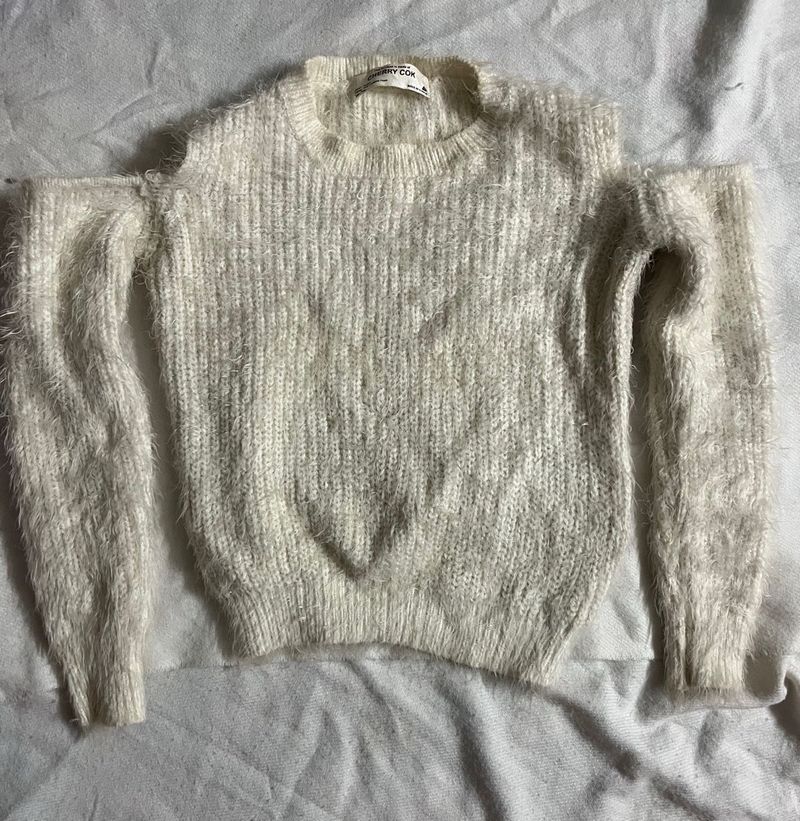 Off-Shoulder Fuzzy Knit Sweater