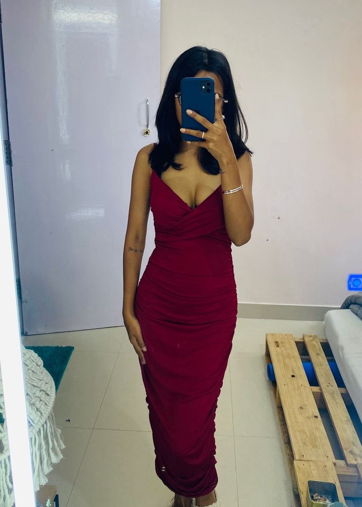 Burgundy Ruched Bodycon Midi Dress