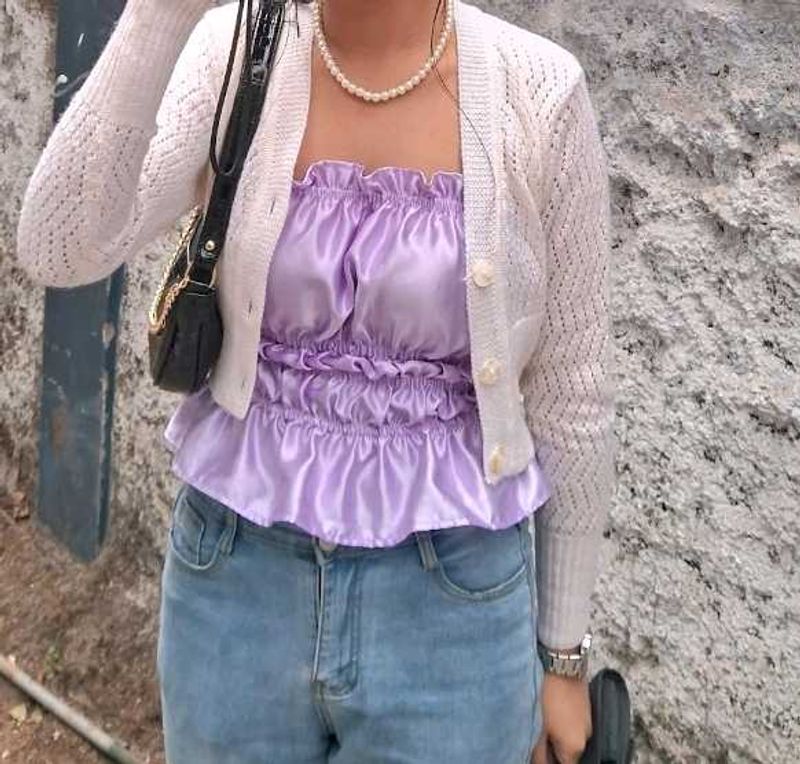 Upcycled Satin Lavender Tie-Strap Top