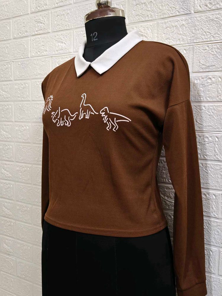 Dino-mite Brown Collared Long Sleeve Top