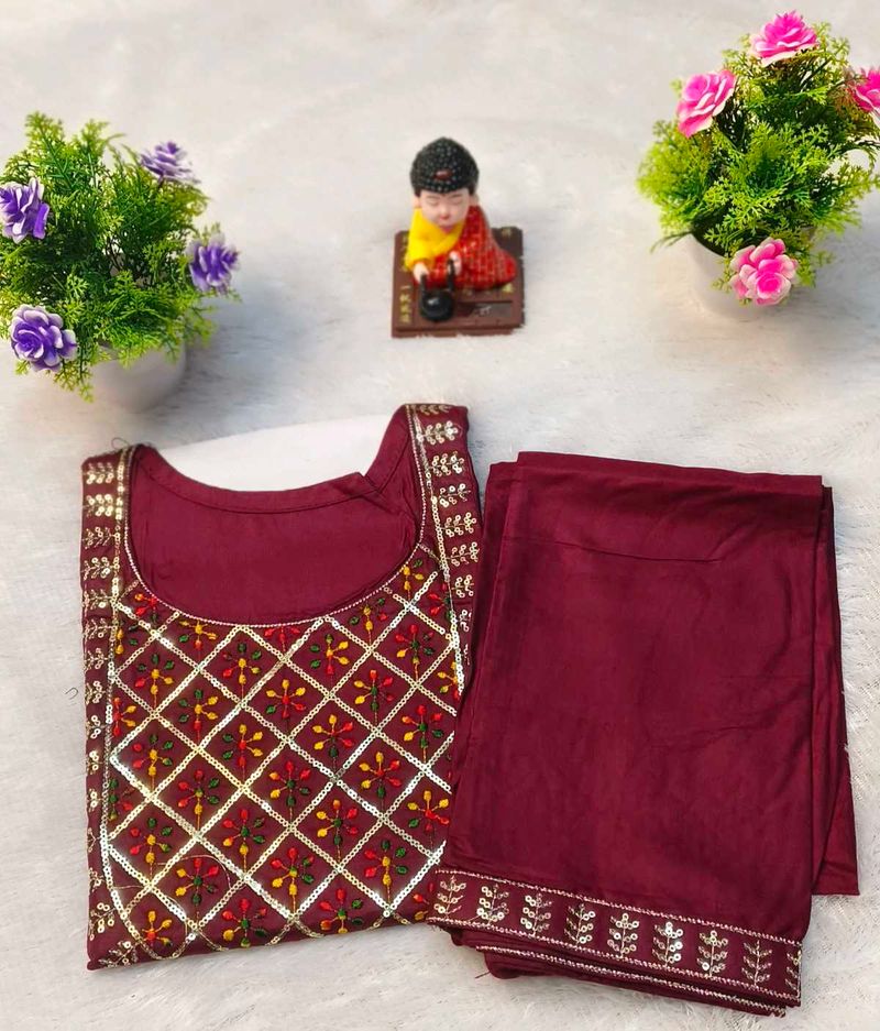 Maroon Embroidered Kurti Set