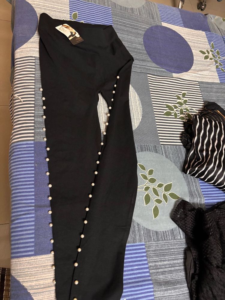 Black Pearl Embellished Leggings And Plazzo