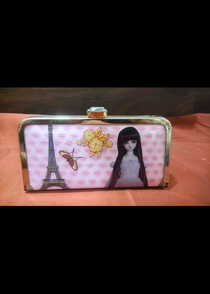 ✨ Vintage Paris Print Hard Clutch Handbag with Gol