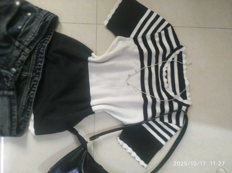 White and black Striped Top