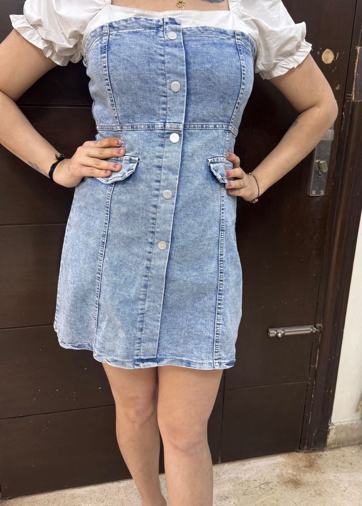Denim Mini Dress with Puff Sleeves
