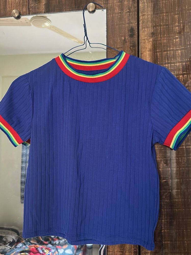Blue Cotton Blend Crop Top