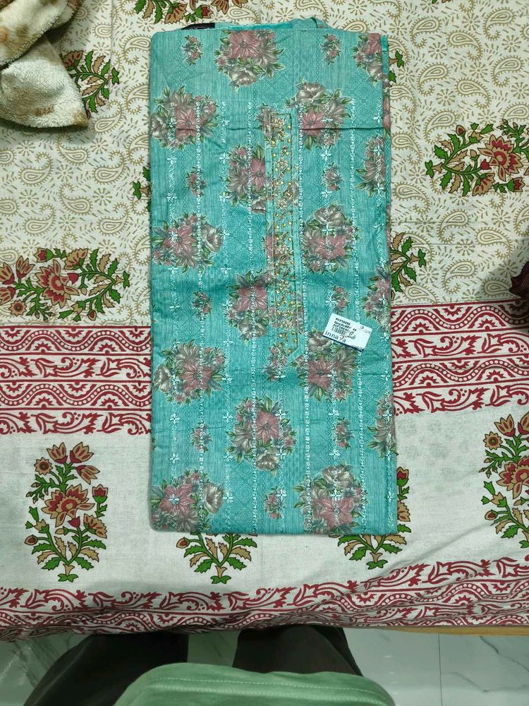 Teal Floral Unstitched Suit Fabric