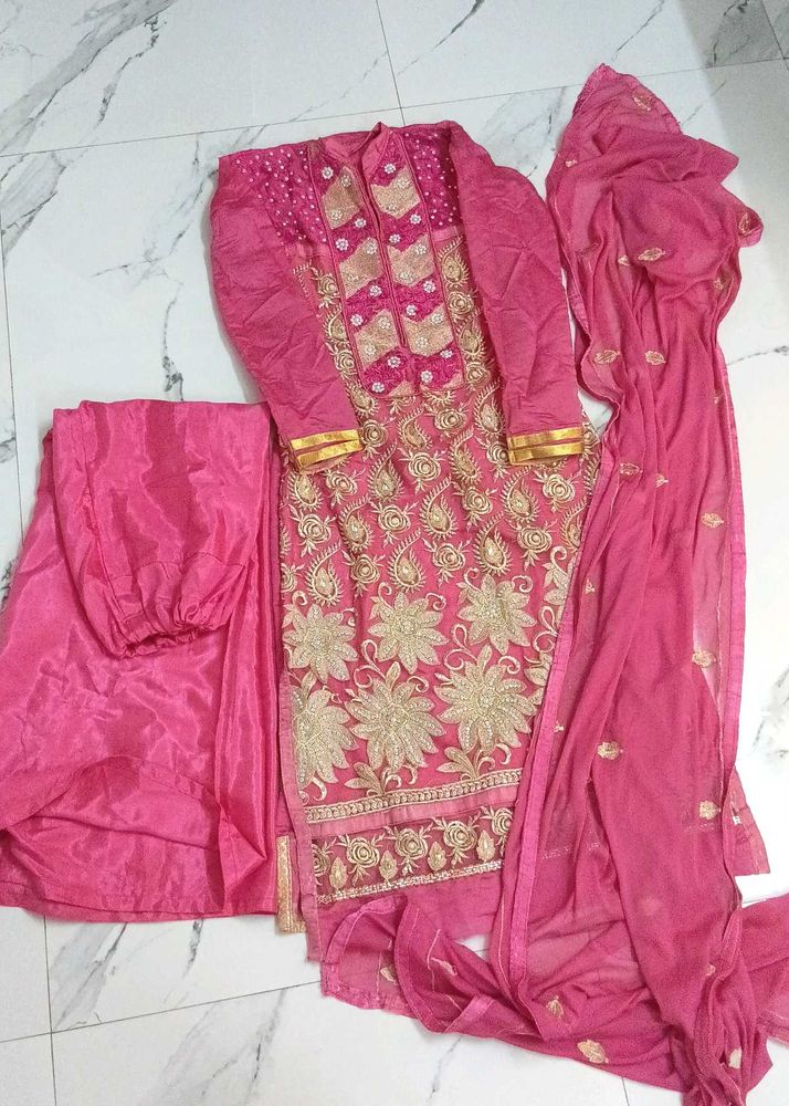 Pink Embroidered Suit With  Silk Plazo