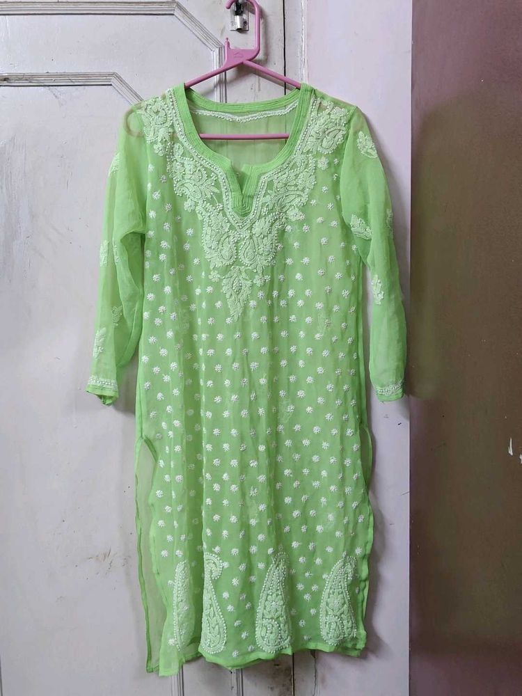 Lucknow Chikankari Handwork Embroidery Green Kurta