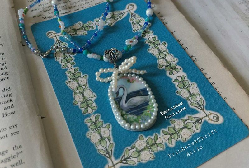 Enchanted Swan Lake Clay Pendant Beadwork Necklace