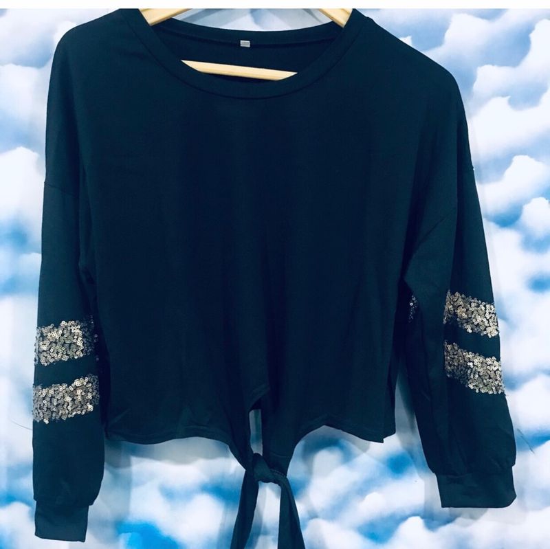 shein contrast sequin knot hem sweatshirt