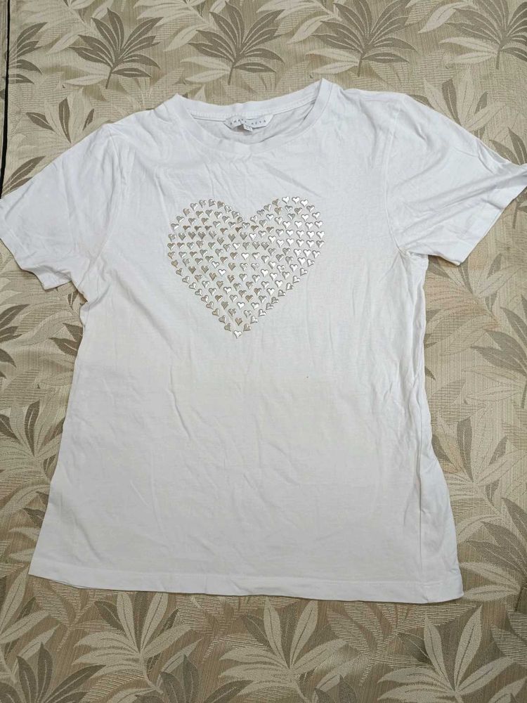 White Tee With Silver Heart Design