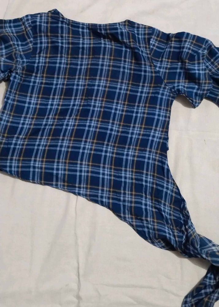 Blue Plaid Tie-Waist Top