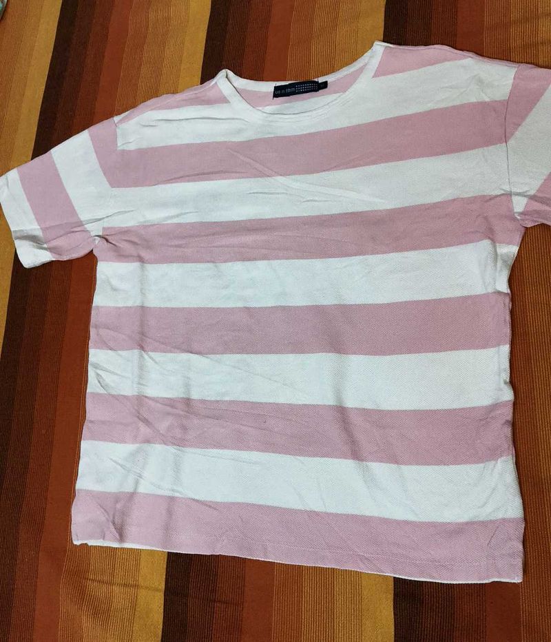 Women Pink Cotton Striped Tshirt