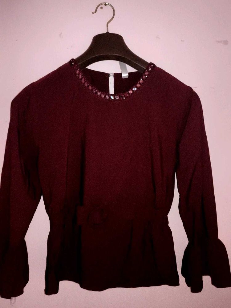 Burgundy Blouse with Embellished Neckline