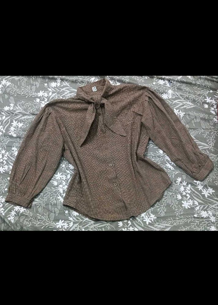 Vintage Brown Tie-Neck Blouse