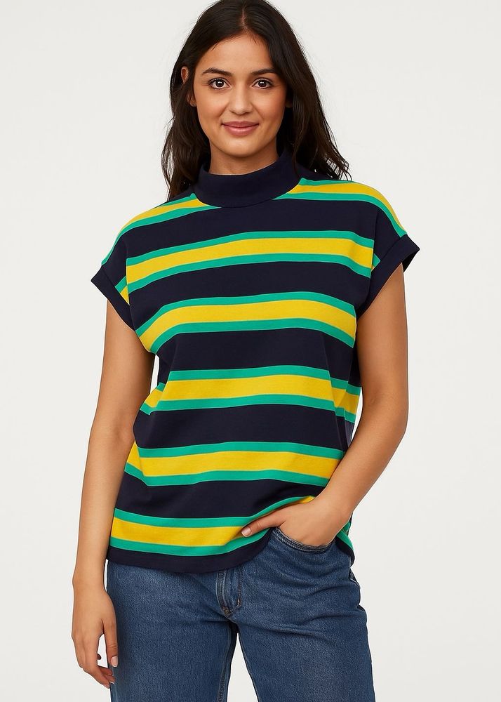 Retro Vibe Navy Striped High-Neck T-Shirt