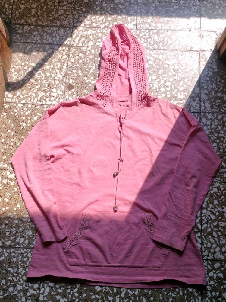 Pink Hoodie with Crochet Detail