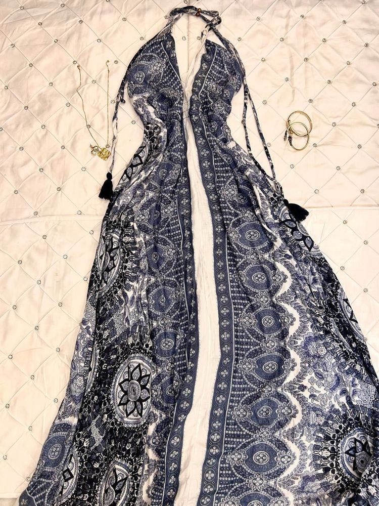 Blue Flowey Backless Dress
