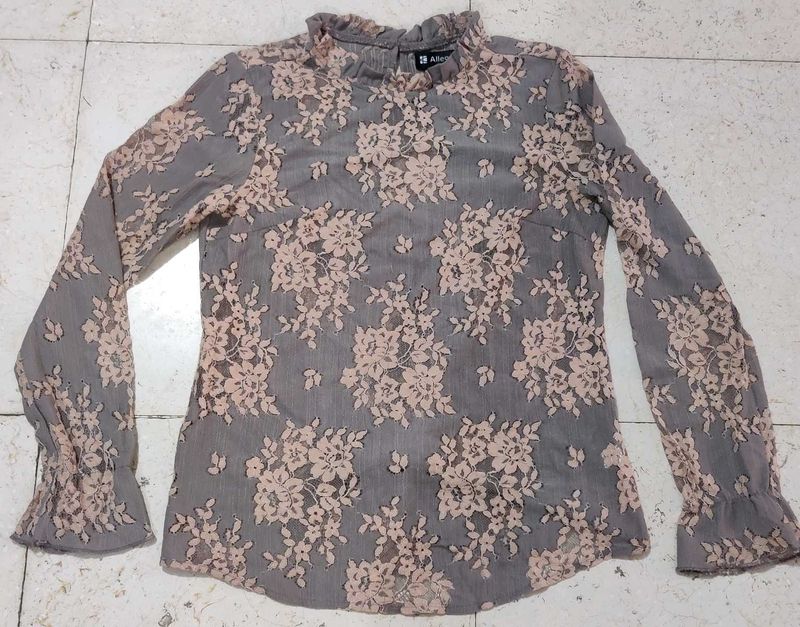 Grey and peach lace transparent top