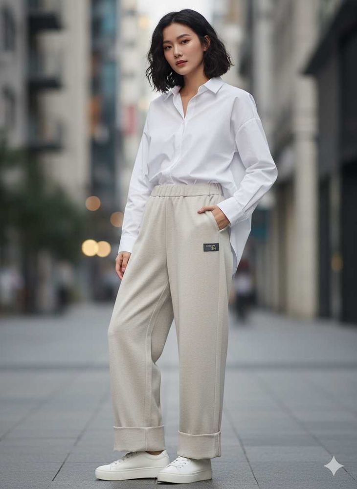 Beige Wide Leg Trousers