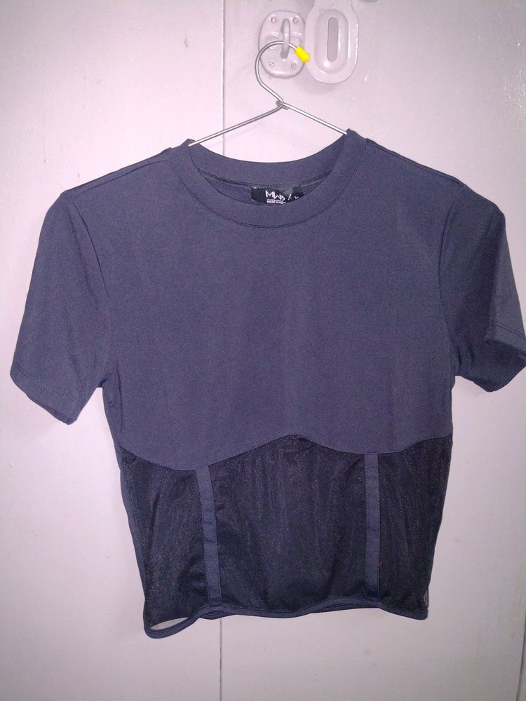 Round-Black Neck Top with Semi-Sheer Panel Hem Top For Women