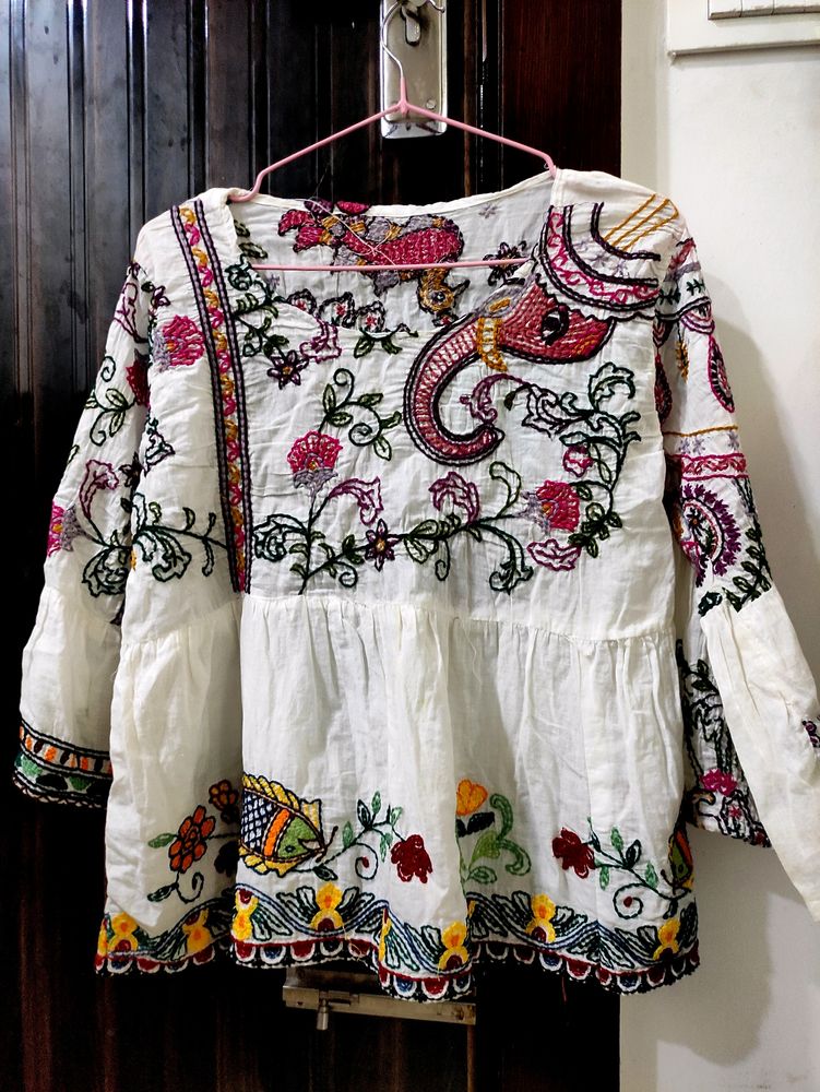 White Indian Printed Top (Free Size)