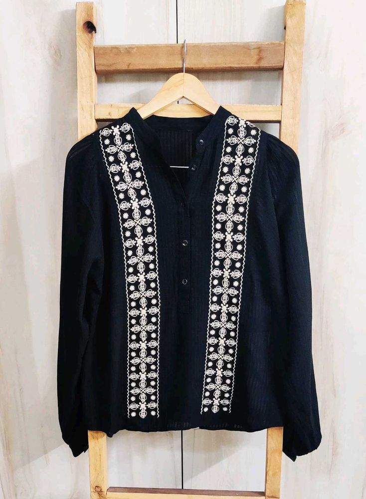 Black Embroidery Work Cotton Top Size-38
