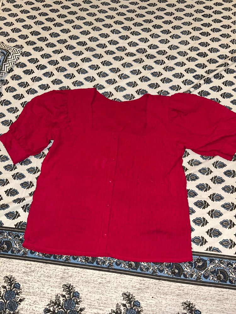 Red Puff Sleeve Button-Up Top