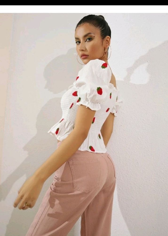 Strawberry Print🍉Pinterestly🍓Embroided PeplumTop