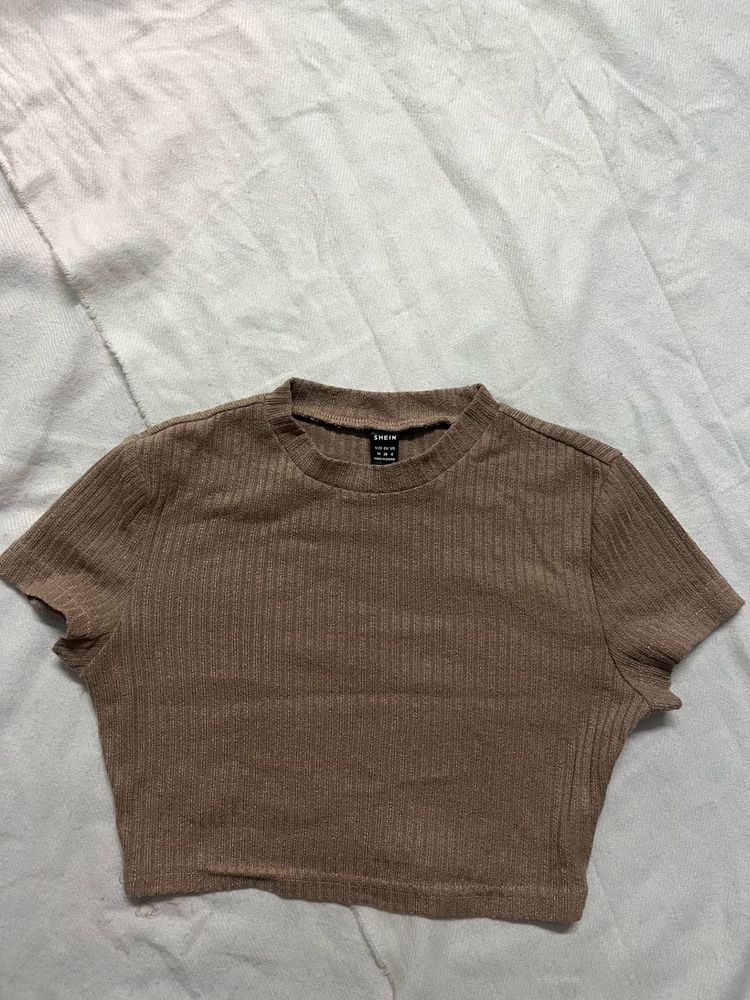 Brown Ribbed Crop Top