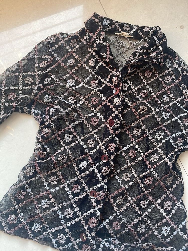 Sheer Floral Button-Down Top