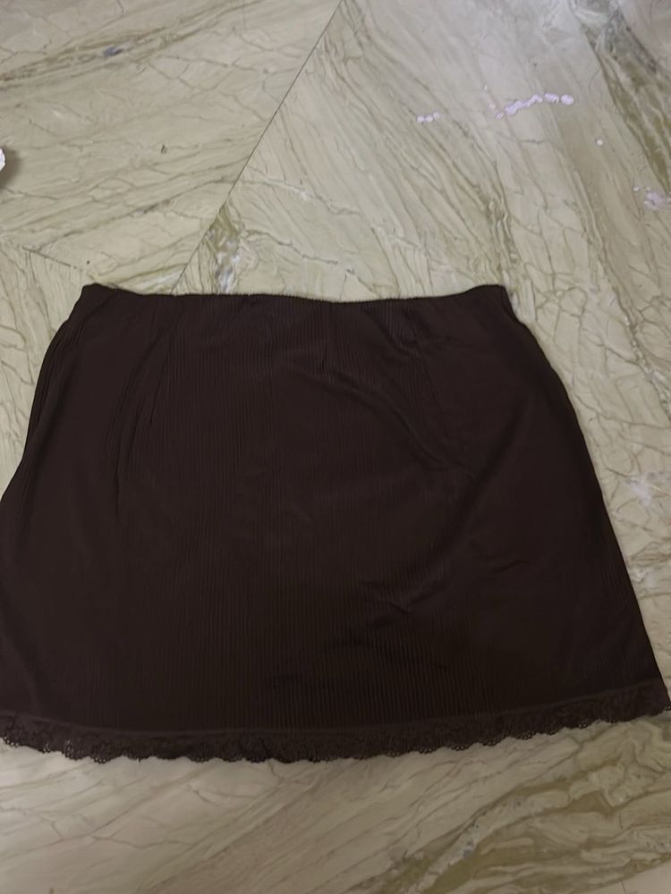 Brown Lace Trim Mini Skirt