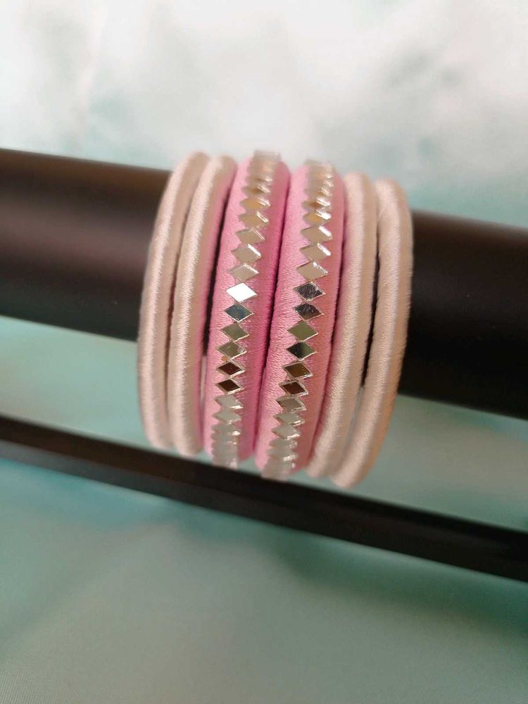 Mirror worked Pink &amp; White silk thread Bangle Set