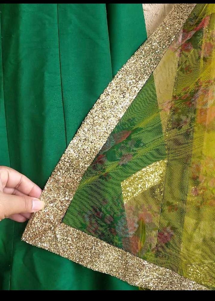 Elegant Green Printed Net &amp; Gold Bortder Dupatta