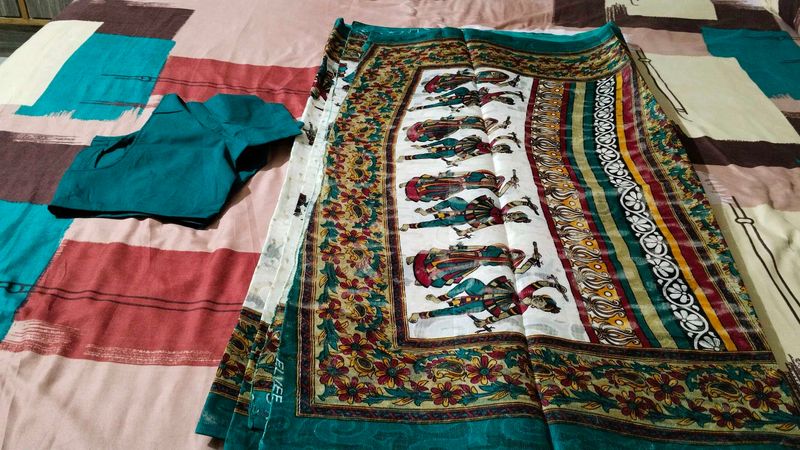 New White And Rama Sari With Blouse