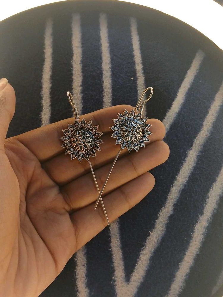 Silver Sunflower Drop Earrings