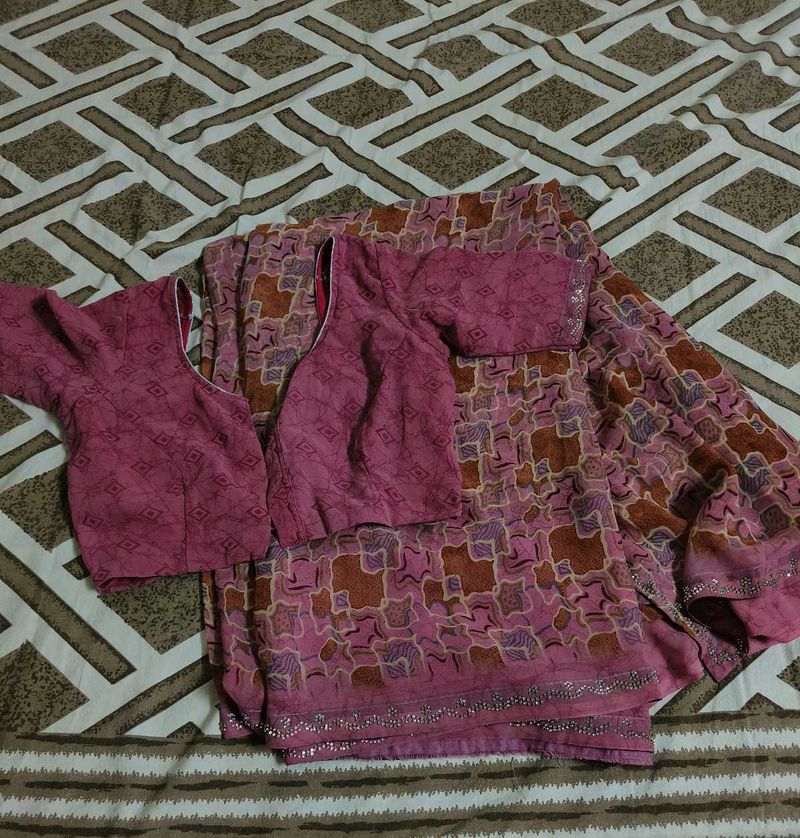Printed Pink saree with blouse