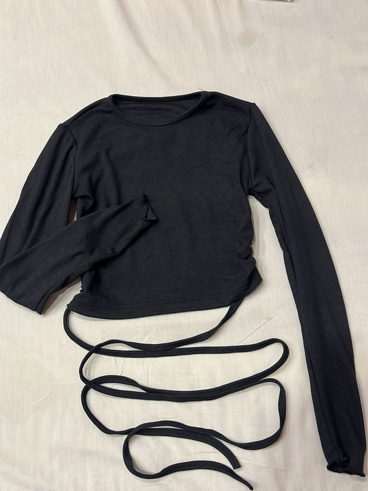 Black Ribbed Backless Crop Top with Wrap Ties