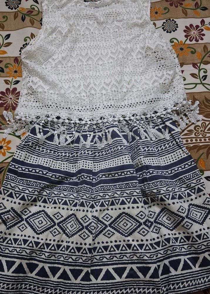 Boho Chic White Lace Top &amp; Print Skirt Dress