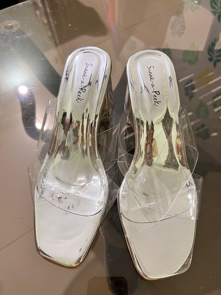 Silver Transparent Block Heeled Sandal