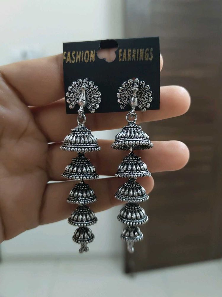 Silver Tone Jhumka Earrings