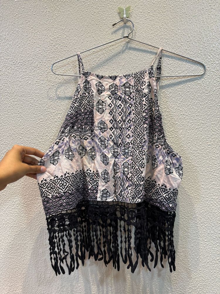 Boho Print Fringe Crop Top