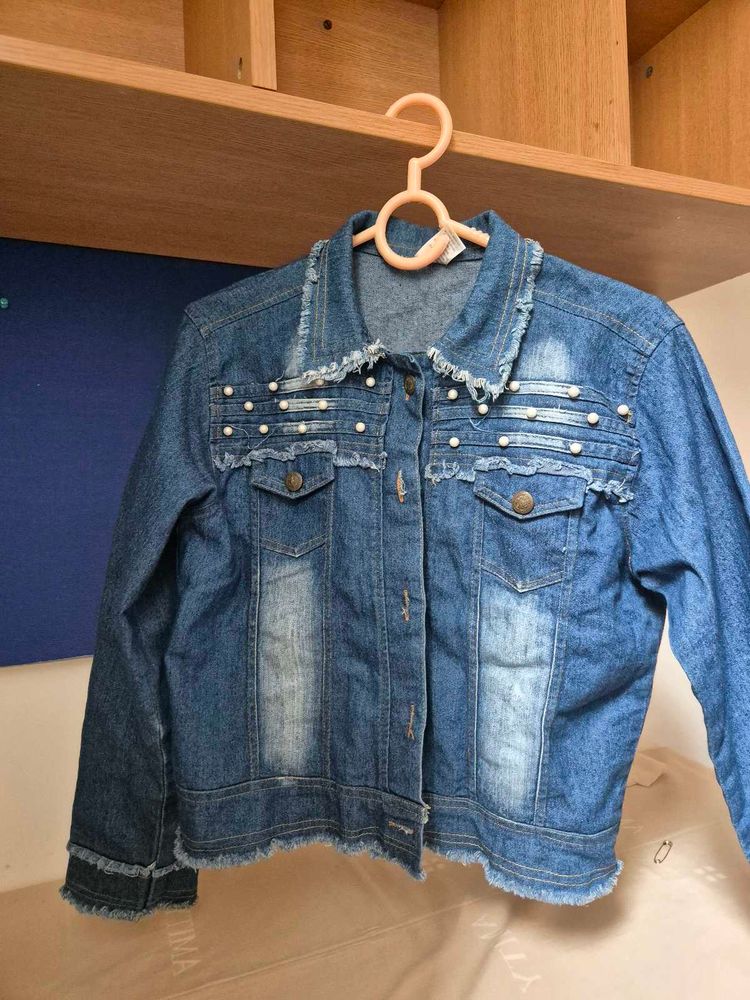 Denim Jacket with Pearl Details