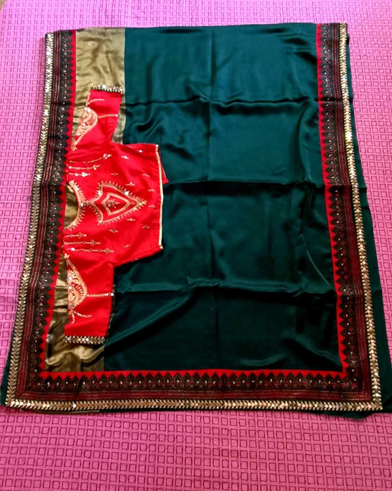 Stylish Green Saree with Red Blouse