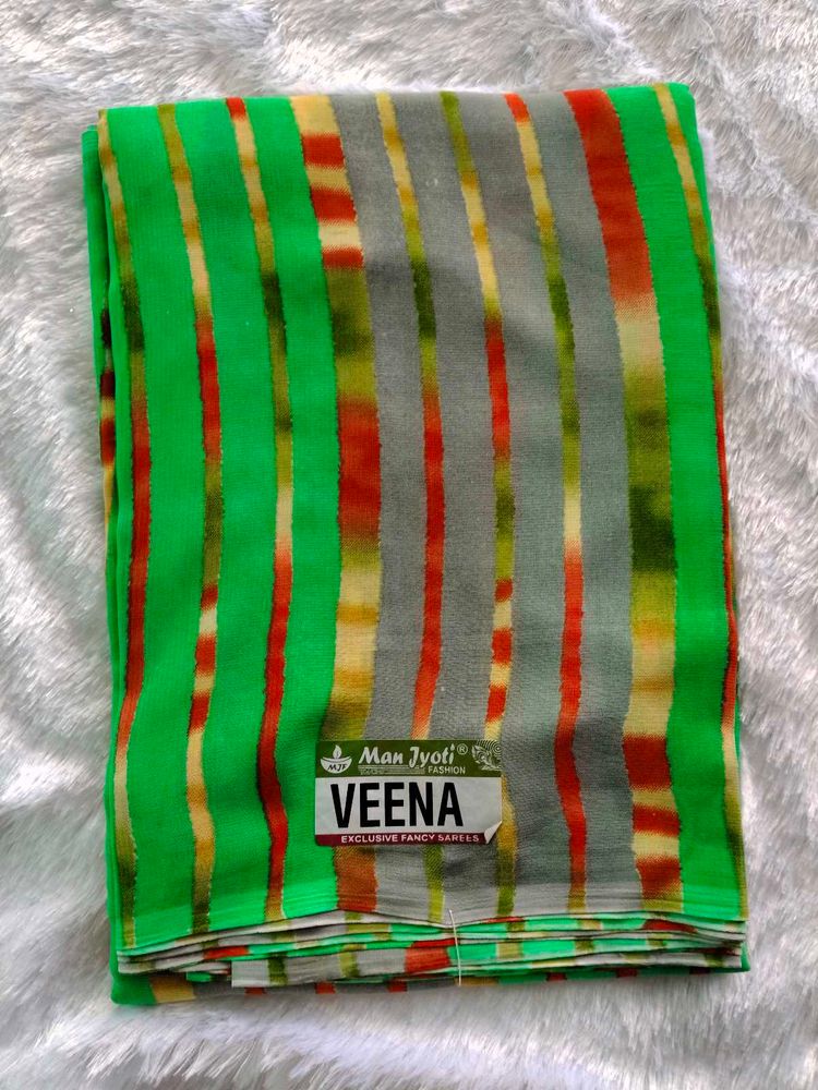 Veena Fancy Saree - Green &amp; Gray Stripes