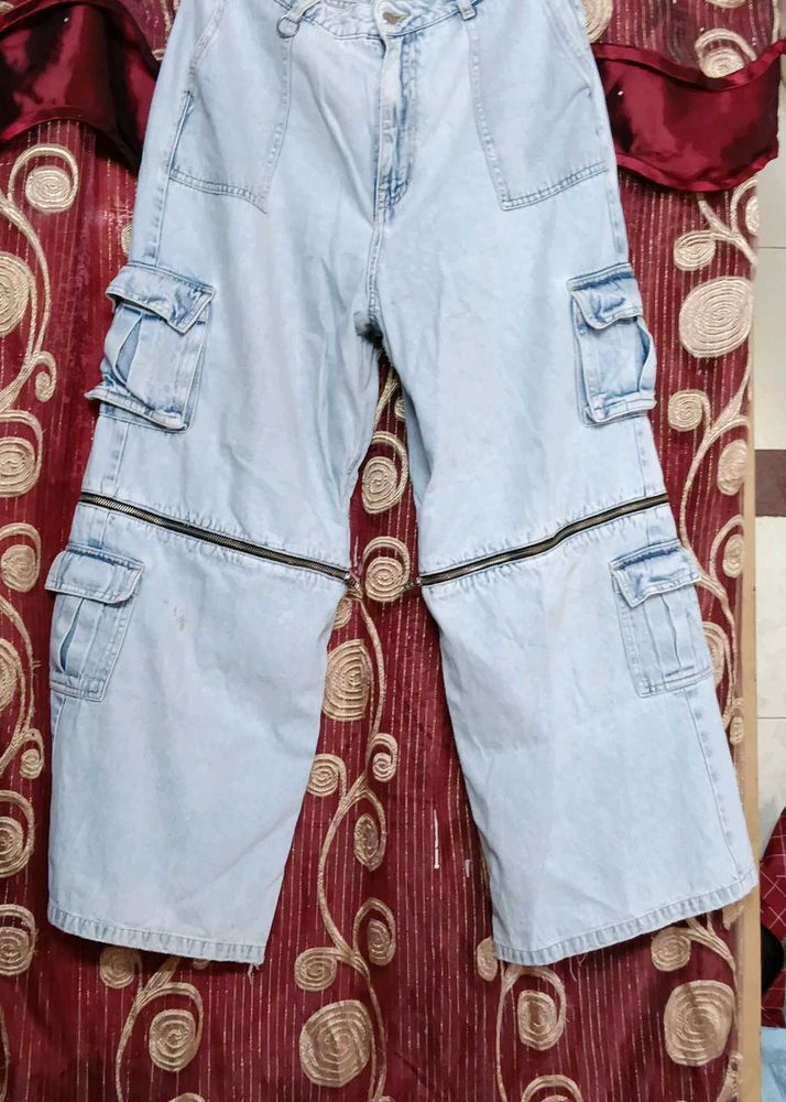 Zip Detail Wide Leg Cargo Jeans