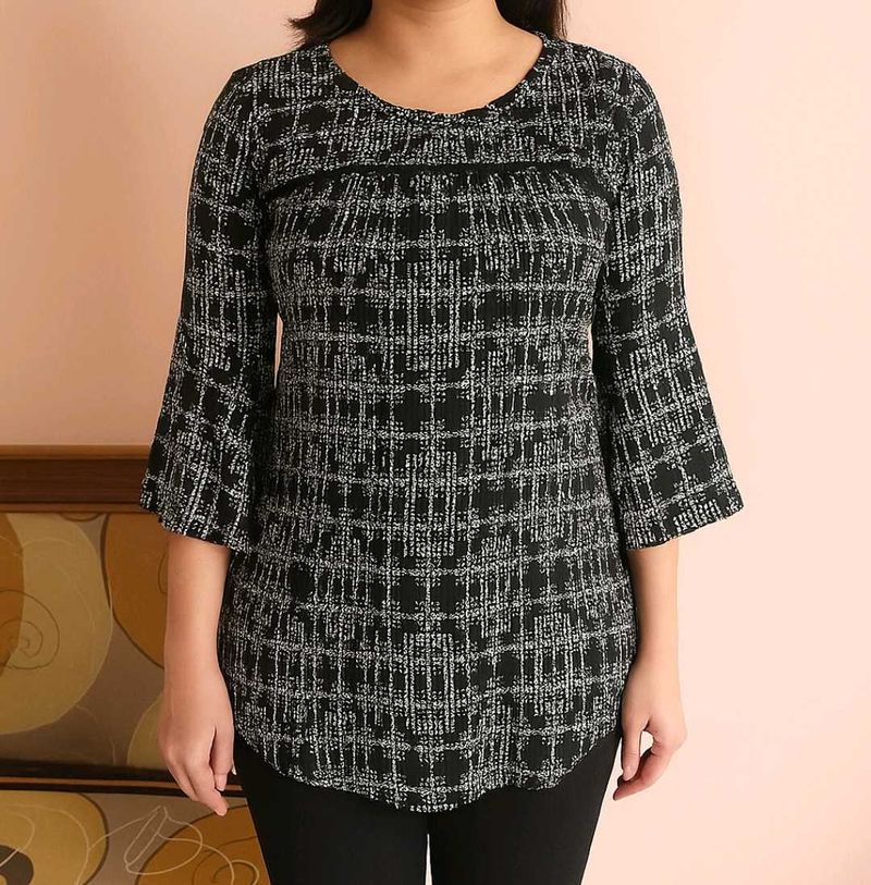 Black &amp; White Plaid Bell Sleeve Top