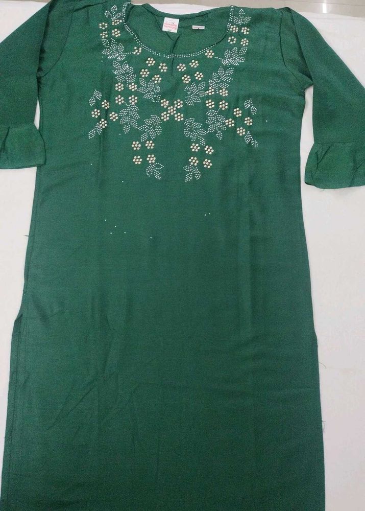Bottle Green Embellished Kurti - New
