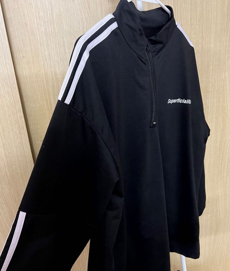 Sporty Black Zip-Up Sweatshirt with White Stripes